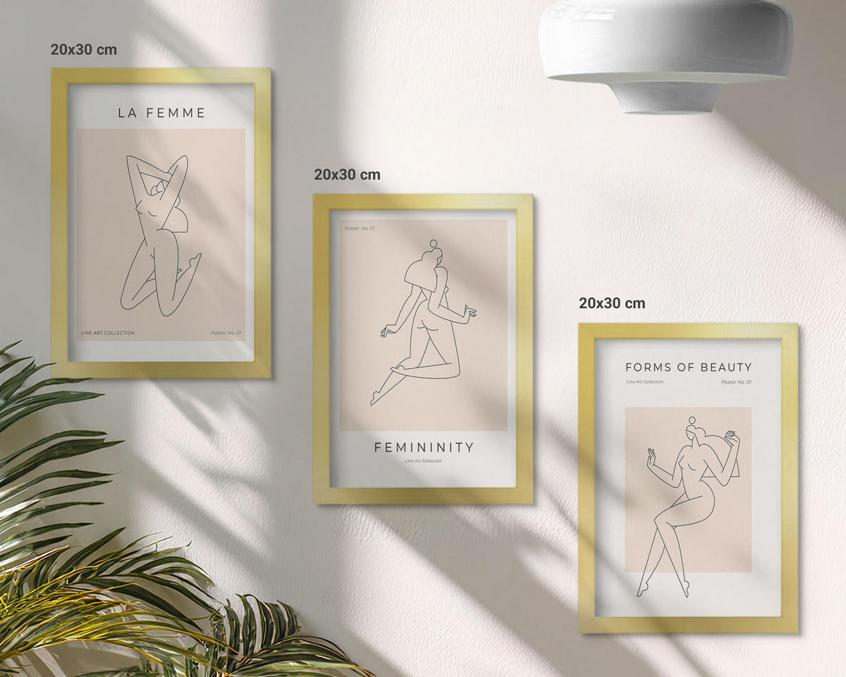 BILDER SET 3er Set - 20x30 cm Goldrahmen - Poster mit minimalistischen Frauensilhouetten - Goldfarben, Kunststoff (20/30cm) - TULUP