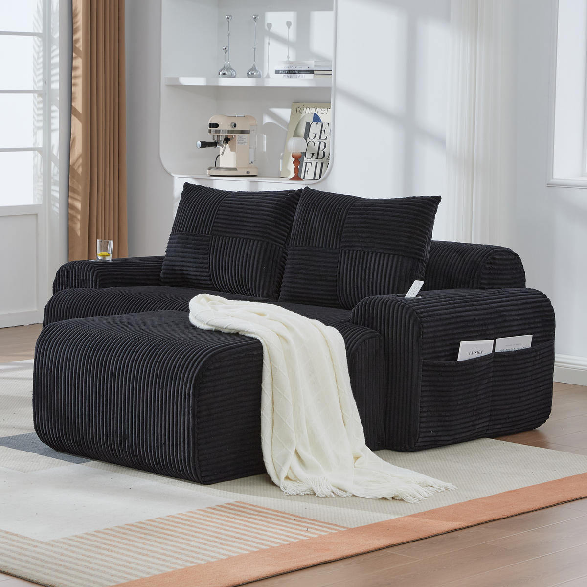 2-SITZER-SOFA aus Cord 200x174x80 cm mit Cupholder & Seitentasche, schwarz - Schwarz, Textil (174/80/200cm)
