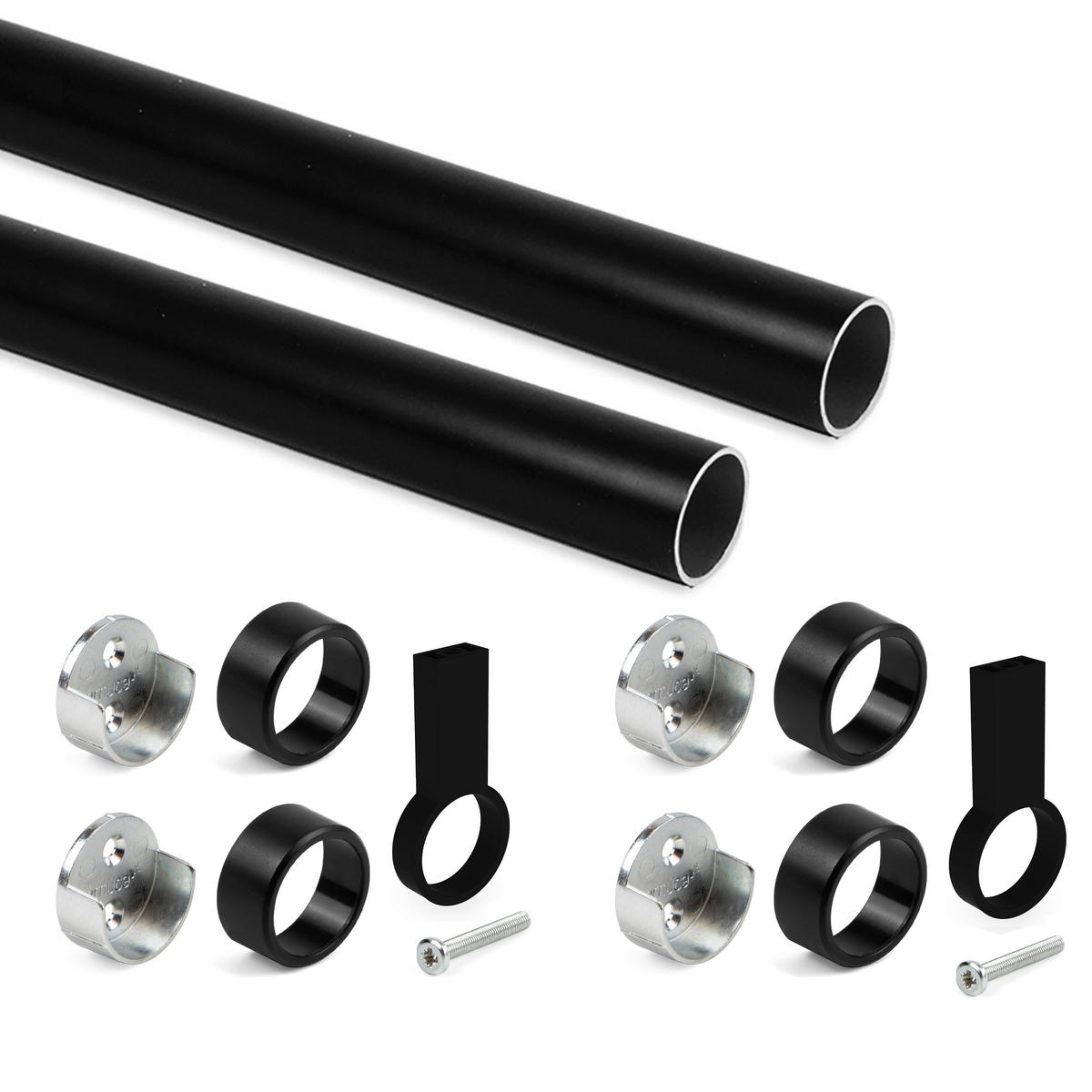 KORPUSSCHIENEN Runde, D.28mm, Länge 1,15m mit Halterungen, Aluminium und Zamak, Schwarz lackiert 2er-set - Schwarz, Metall (5.5/10/120cm) - EMUCA