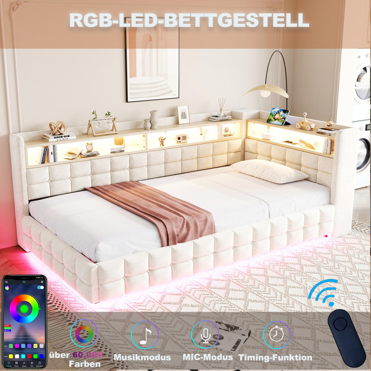 POLSTERBETT 90/200 cm Beige mit Hydraulik, LED, USB und Lattenrost ohne Matratze - Beige, Textil (90/200cm) - MIVRAY