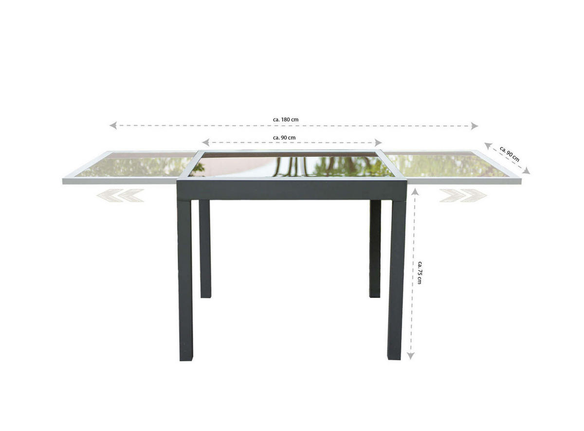 GARTEN-SITZGRUPPE ausziehbar VERANO MADERA - 180/90 x 90 cm 2 Stühle - Anthrazit/Hellgrau, Glas/Metall - Home Deluxe