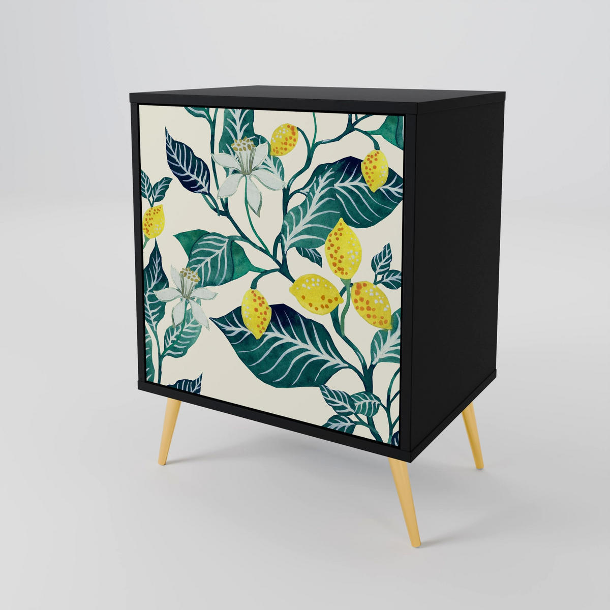 SIDEBOARD LEMON TREE, Schwarz, 57,5x42x72,5 cm, Schwarze Metallfüße - Multicolor/Schwarz, Holzwerkstoff/Metall (57.5/72.5/42cm) - SpaceRebels