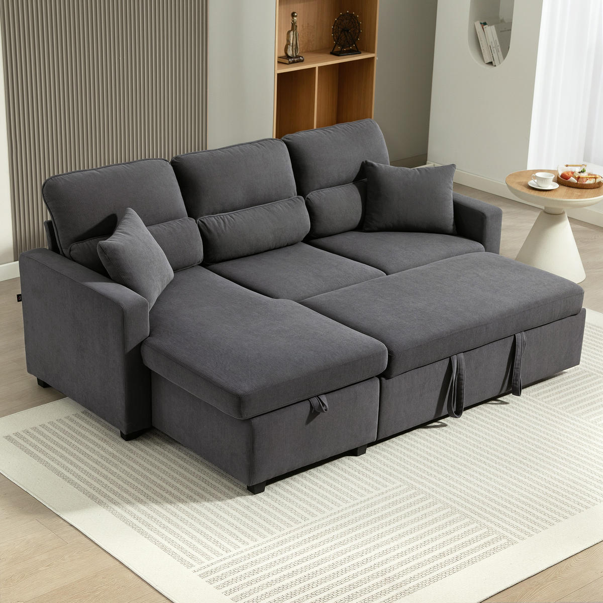 BETTSOFA Verstellbar L-förmiges Gästesofa mit Bettfunktion Kissen - Beige/Schwarz, Kunststoff/Textil (135/205cm) - HOMCOM