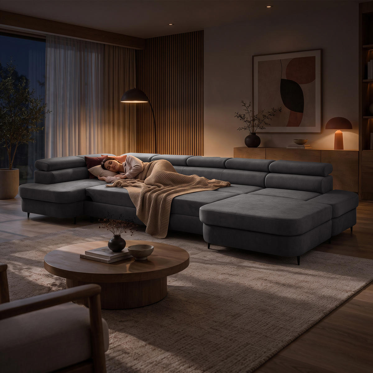 ECKSOFA U-Form PRIAM MAXI U Links mit Schlaffunktion 125x317 Velours Grau - Schwarz/Grau, Holz/Textil (203/91/400cm) - Muffo