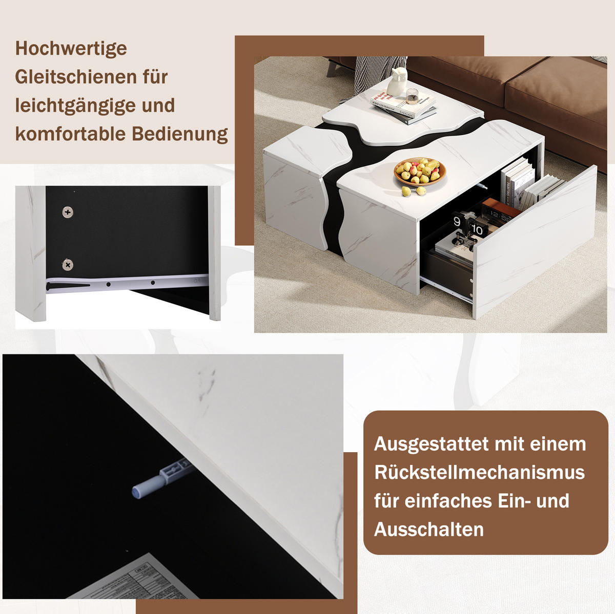 COUCHTISCH 70/70/31 cm Weiß in Marmoroptik mit Schublade aus Spanplatte - Weiß, Holzwerkstoff (70/70/31cm) - OKWISH