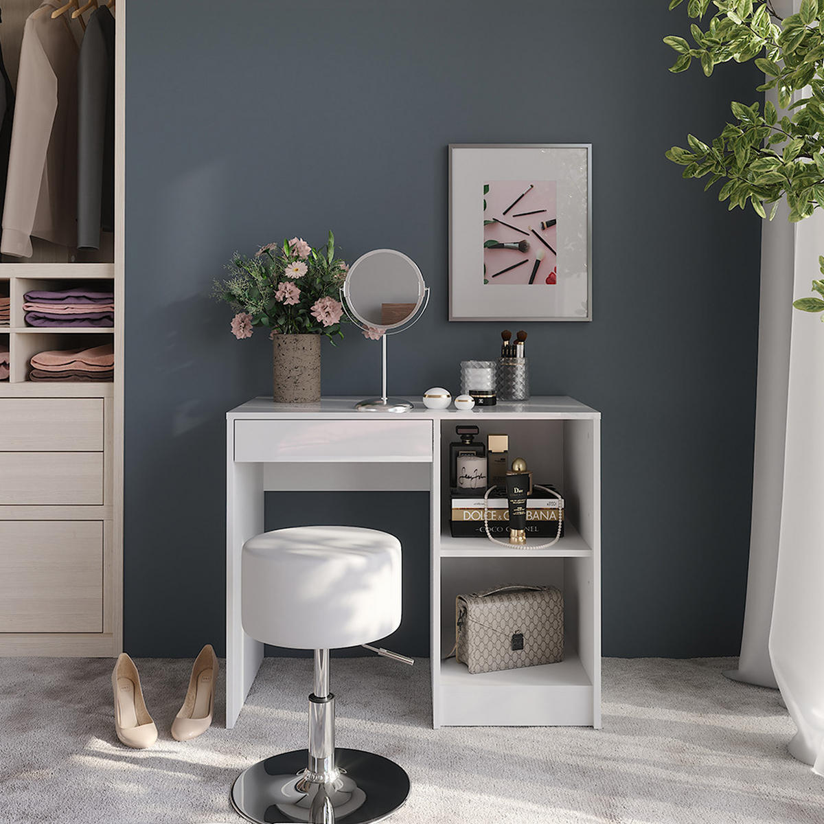 SCHMINKTISCH Sherry Weiß/Weiß Hochglanz 89.8 cm mit Hocker - Weiß Hochglanz, Holzwerkstoff (89.8/76/50.1cm) - Vicco