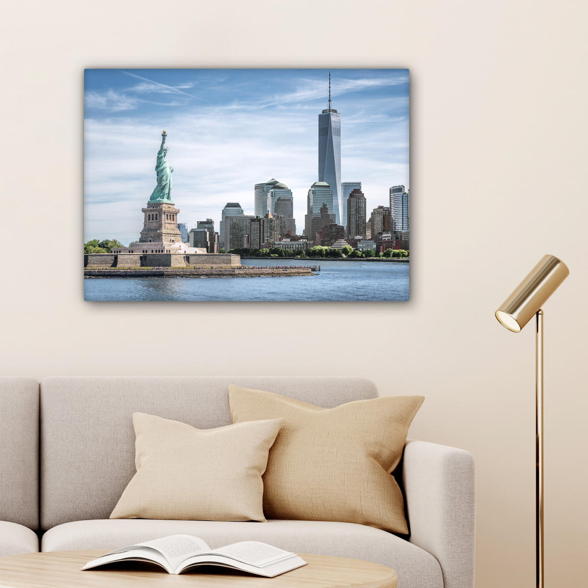 LEINWANDBILD New York - Freiheitsstatue - Wasser Wandbilder 80x60 cm - Hellblau, Textil (80/60cm) - MuchoWow