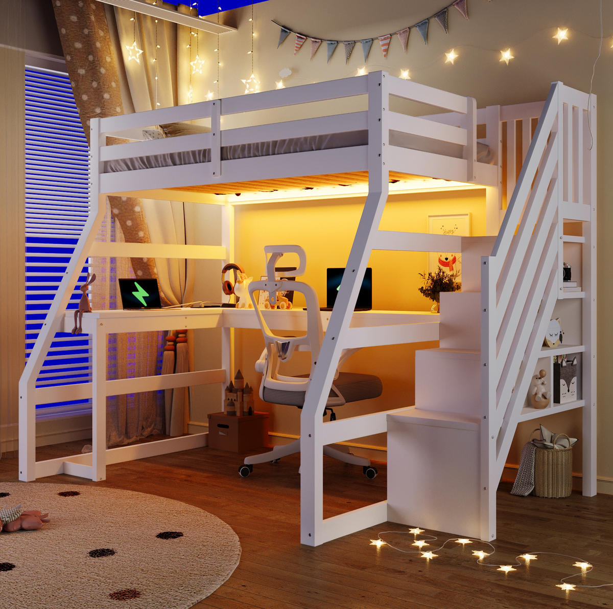 HOCHBETT 90/200 cm aus Kiefer und MDF mit Schreibtisch LED-Beleuchtung und Stauraumtreppe Weiß - Weiß, Holzwerkstoff (90/200cm) - Modenvie