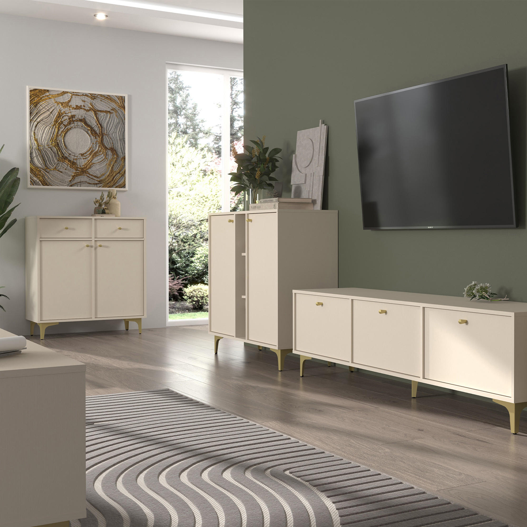 KOMMODE FLOREN, Creme/Gold - Creme, Holzwerkstoff/Metall (83.6/93.5/40.8cm) - KONSIMO®