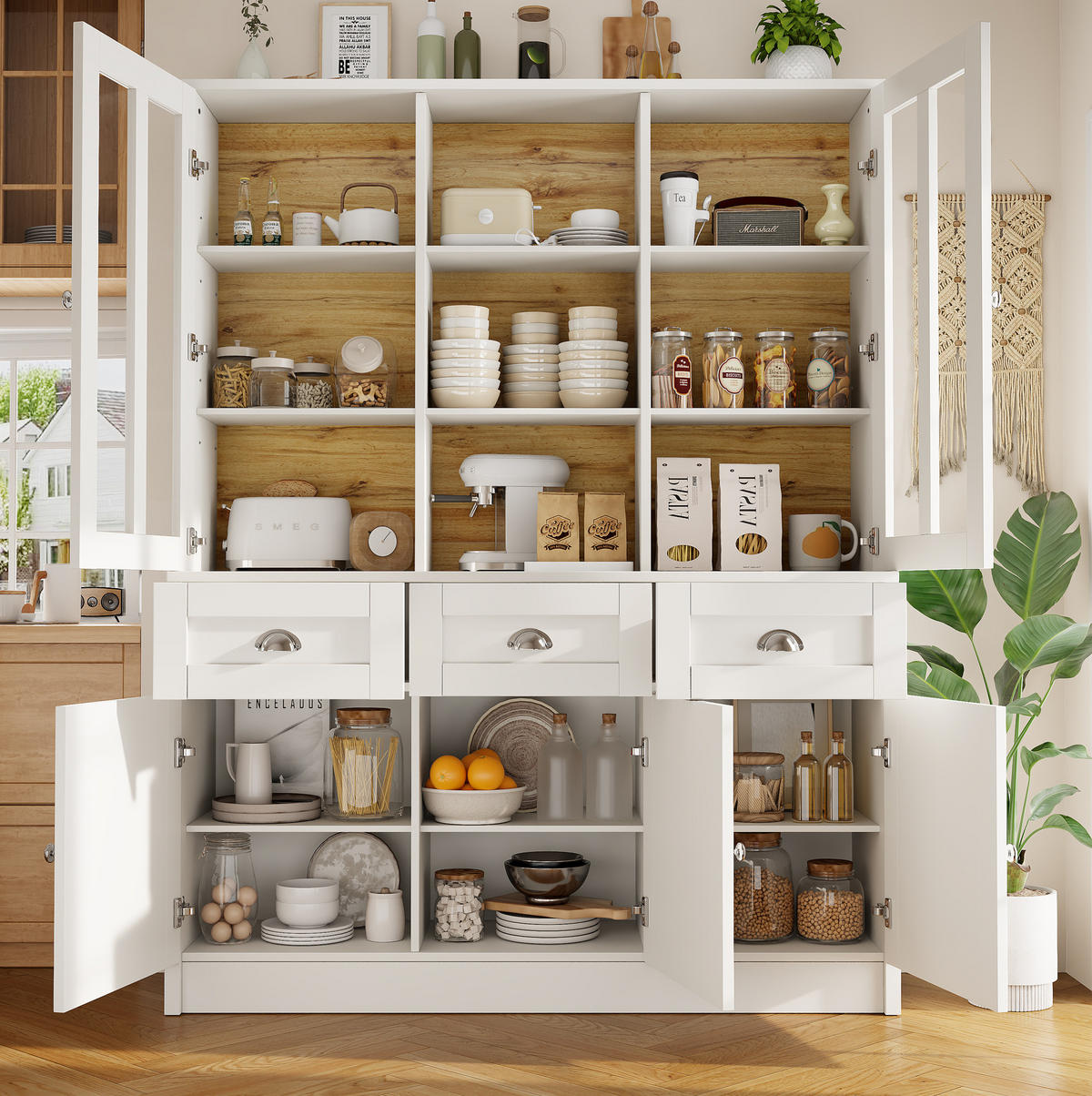 VISOKI element s vitrinskim dijelom, 140/38,5/175 cm, MDF i akril bijela - bijela, drvni materijal (140/175/38.5cm) - BEAOK