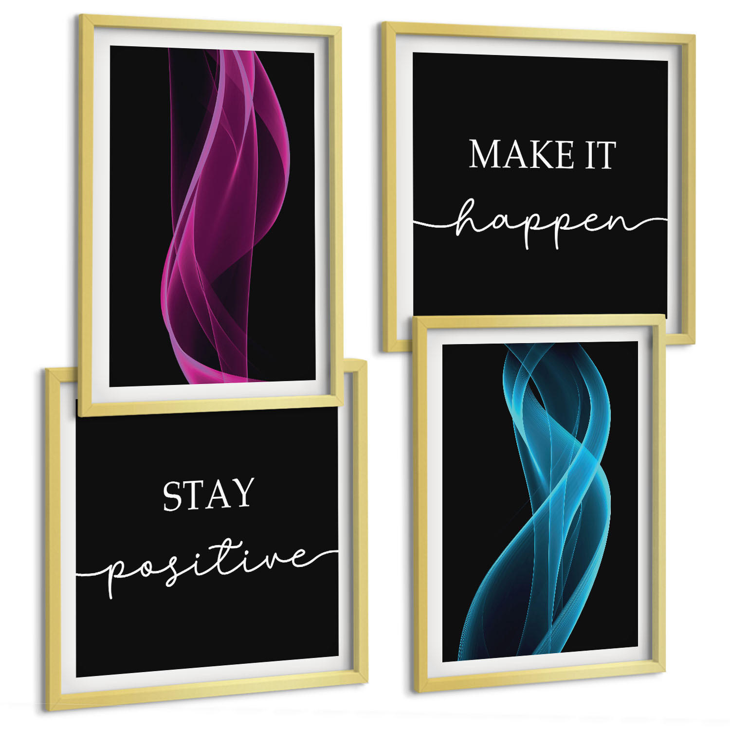 BILDER SET 4er Set - 50x50 cm & 40x60 cm Goldrahmen - Neonlinienwellen im Hintergrund - Goldfarben, Kunststoff (50/50cm) - TULUP