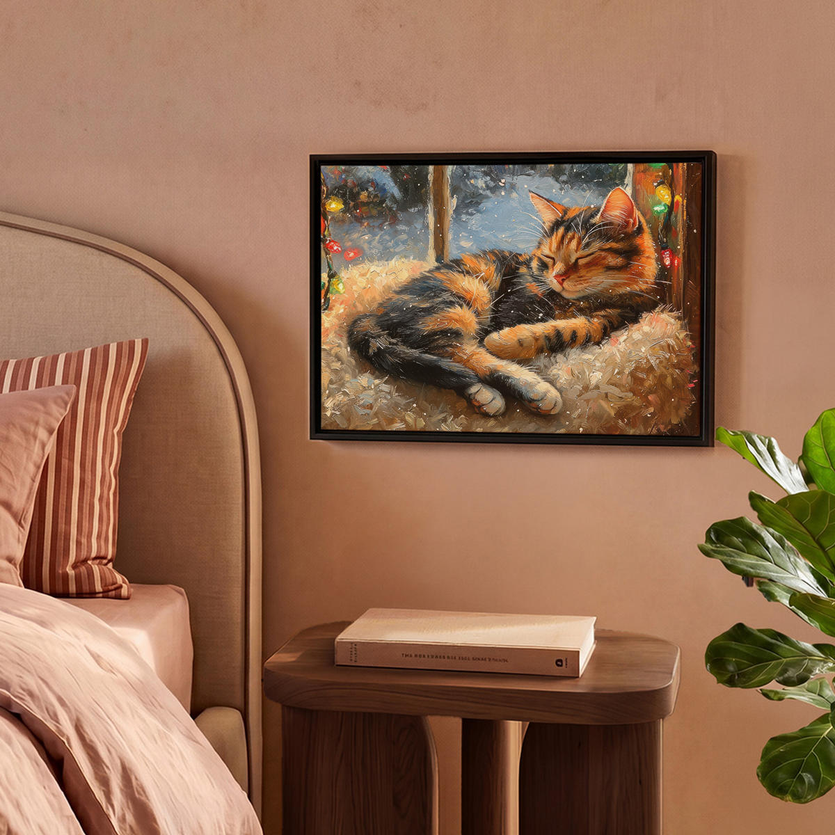 LEINWAND Bilder mit Rahmen - Katze - Weihnachten - Winter - Tier - 40x30 - Bernsteinfarben, Textil (40/30cm) - MuchoWow