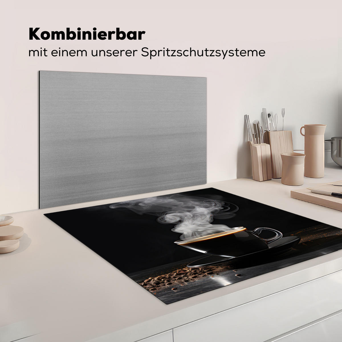 HERDABDECKPLATTE Kaffee - Schwarz - Bohnen - Heiß - Tasse Induktionsmatte 78x78 cm - Schwarz, Kunststoff (78/78/0.2cm) - MuchoWow