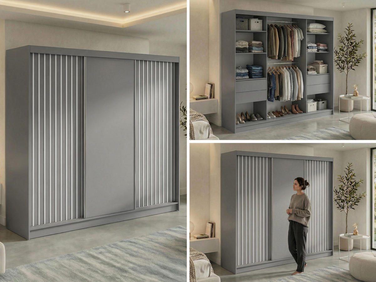 SCHWEBETÜRENSCHRANK mit Lamellen und Schubladen LUMOS - 240 - Grau und Weiß - Alufarben/Weiß, Holzwerkstoff/Metall (240/216/61cm) - MKS