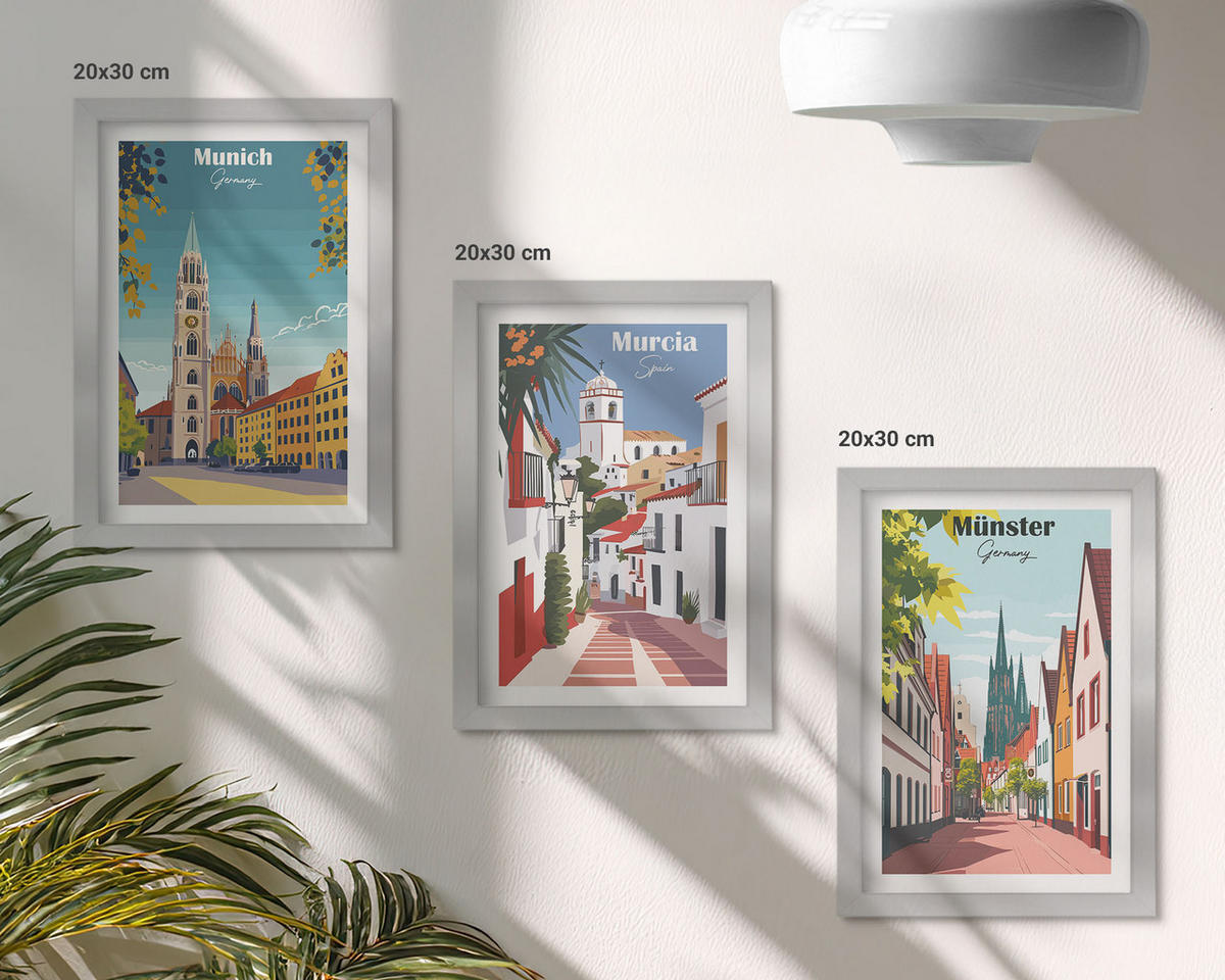 WANDBILDER 3er Set - 20x30 cm Silberner Rahmen - Europäische Städte in farbigen Zeichnungen - Silberfarben, Kunststoff (20/30cm) - ArtPrintCave