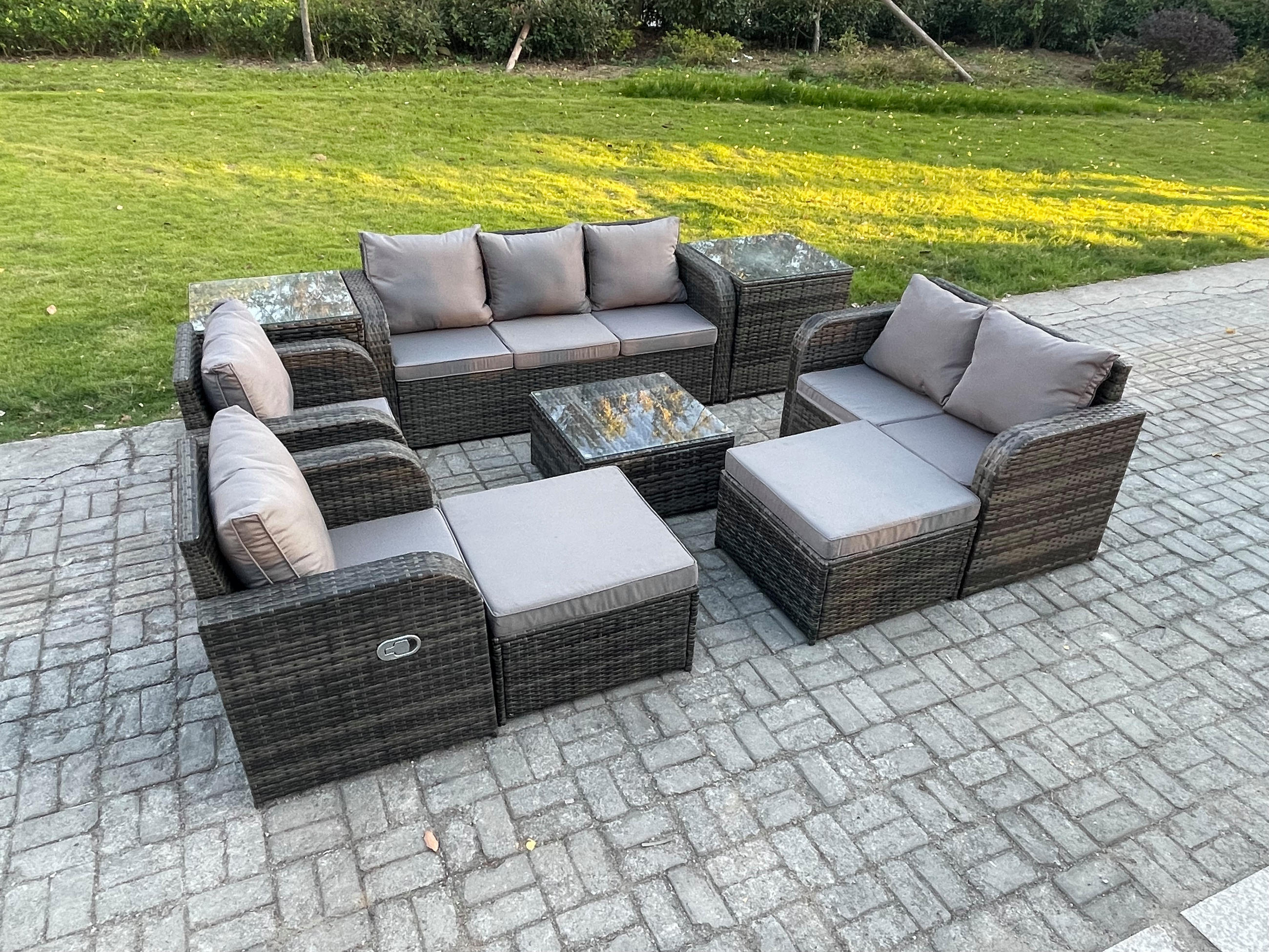 GARTENSOFA SET mit Couchtisch Polyrattan Dunkelgrau 9-teilige - Dunkelgrau/Grau, Glas/Kunststoff - Fimous