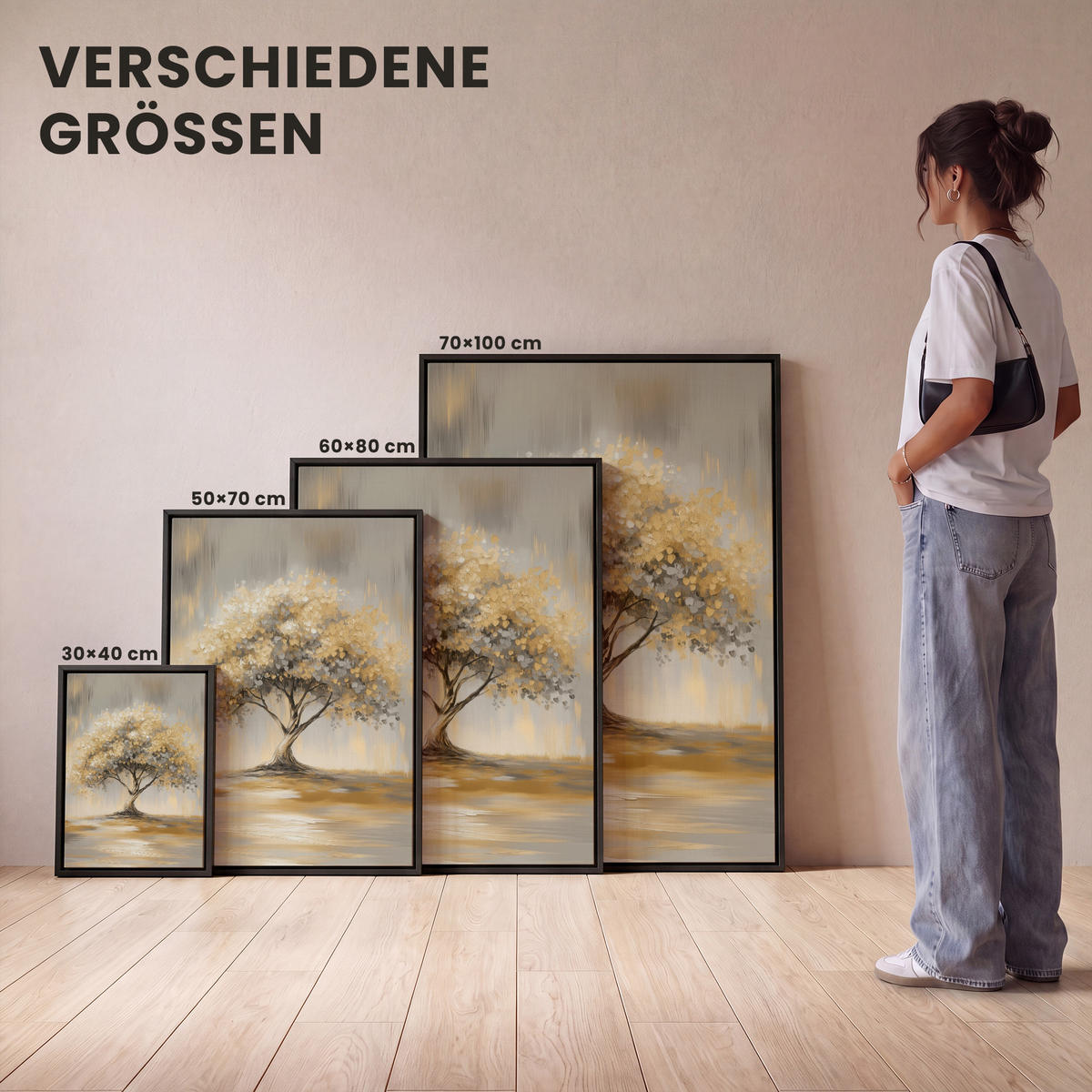 LEINWAND Bilder mit Rahmen - Gemälde - Baum - Abstrakt - Blätter - 60x80 - Beige, Textil (60/80cm) - MuchoWow