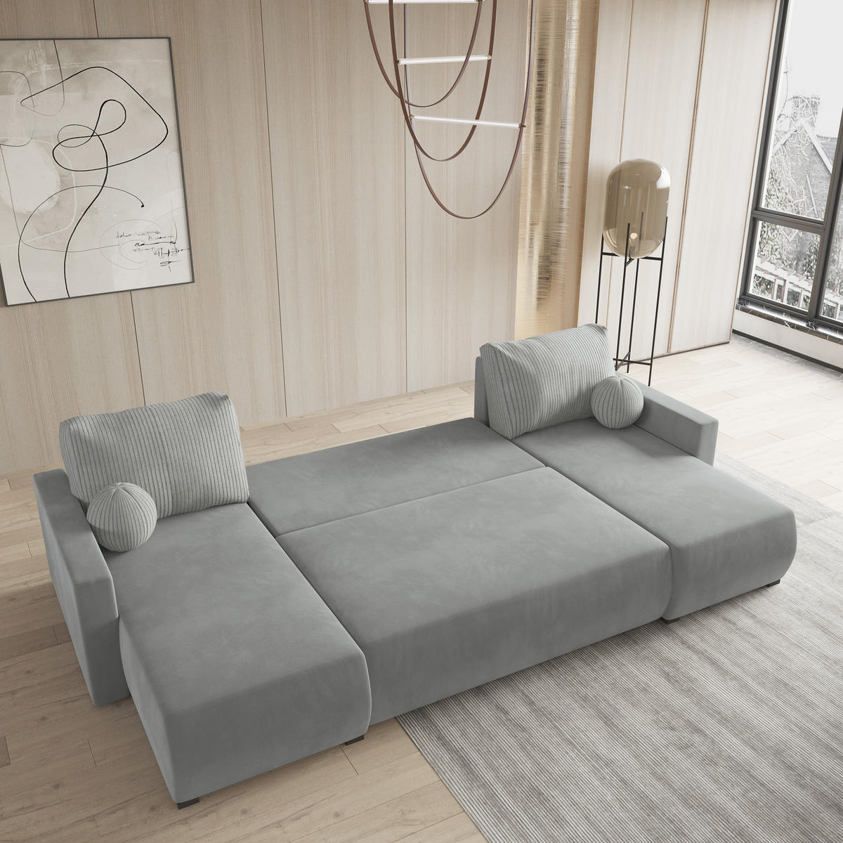 WOHNLANDSCHAFT TESSUN Hellgrau Plüsch-Stoff mit Schlaffunktion - Hellgrau, Holz (286/85/143cm) - MASSENO