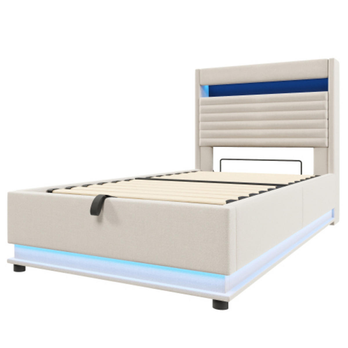POLSTERBETT beige 218×92,5×113 cm aus Leinen-Stoff mit Hydraulik-Stauraum, doppelte LED-Leisten - Beige, Textil (90/200cm) - Luhomfu