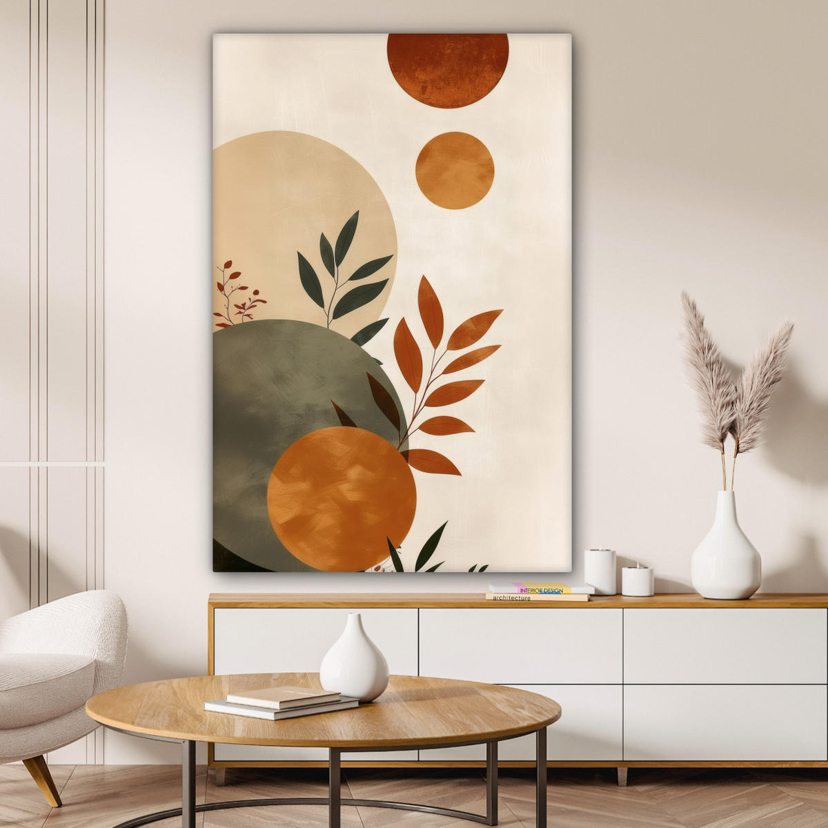 LEINWANDBILD Formen - Rund - Blätter - Beige Deko XXL 80x120 cm - Rostfarben, Textil (80/120cm) - MuchoWow