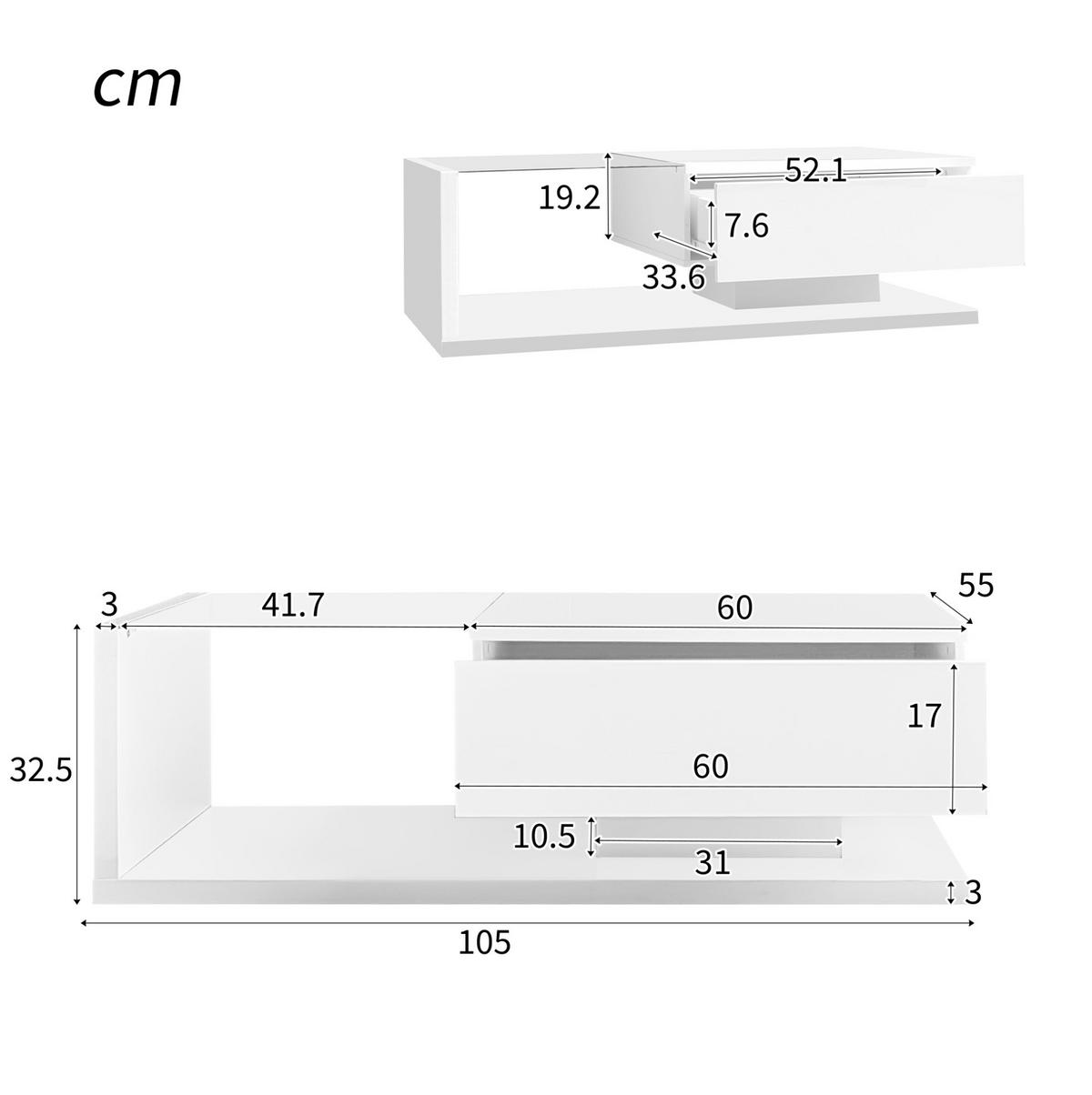 COUCHTISCH 105/55/32.5 cm Weiß aus Spanplatte mit Glasplatte und LED-Beleuchtung - Weiß, Holzwerkstoff (105/55/32.5cm) - OKMYHOME