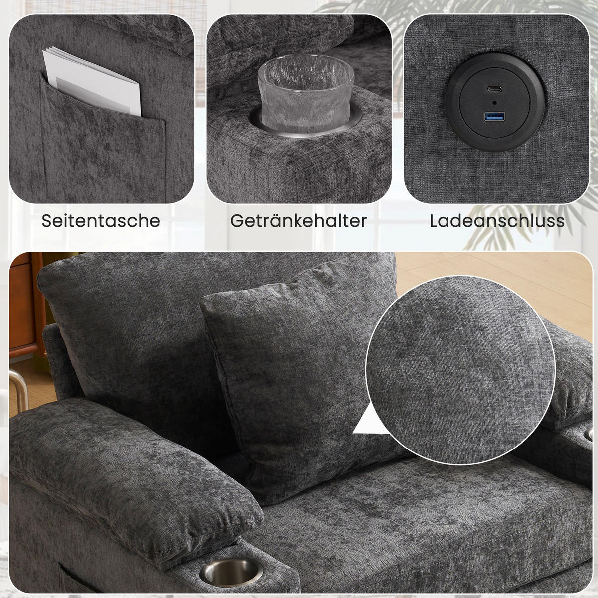 SESSEL DE-35287 mit USB und Getränkehalter Dunkelgrau - Dunkelgrau, Textil (98/83/148cm) - ComfortXL
