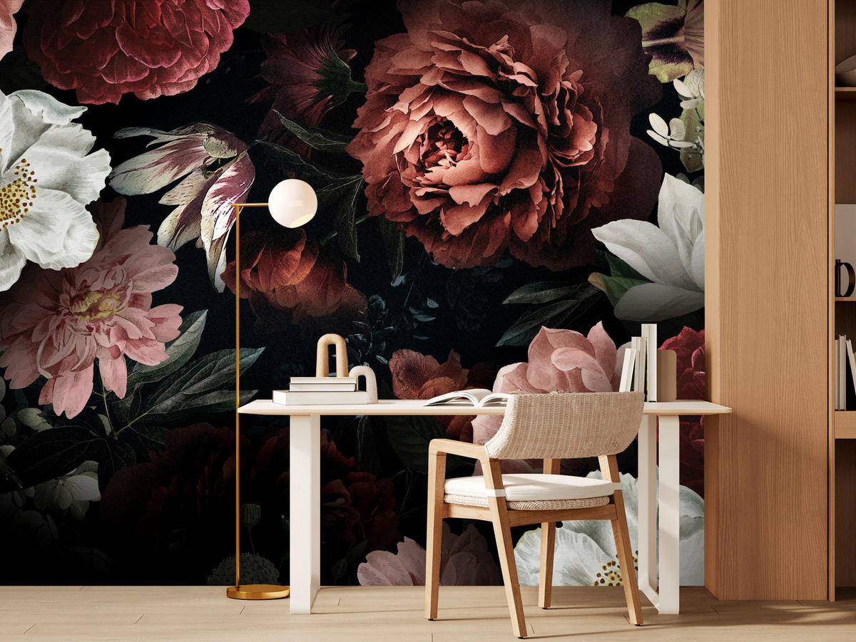 FOTOTAPETE für Büro Bunte Blumen Pfingstrosen Botanisch 200x140 - Rot/Weinrot, Papier (200/140cm) - Muralo
