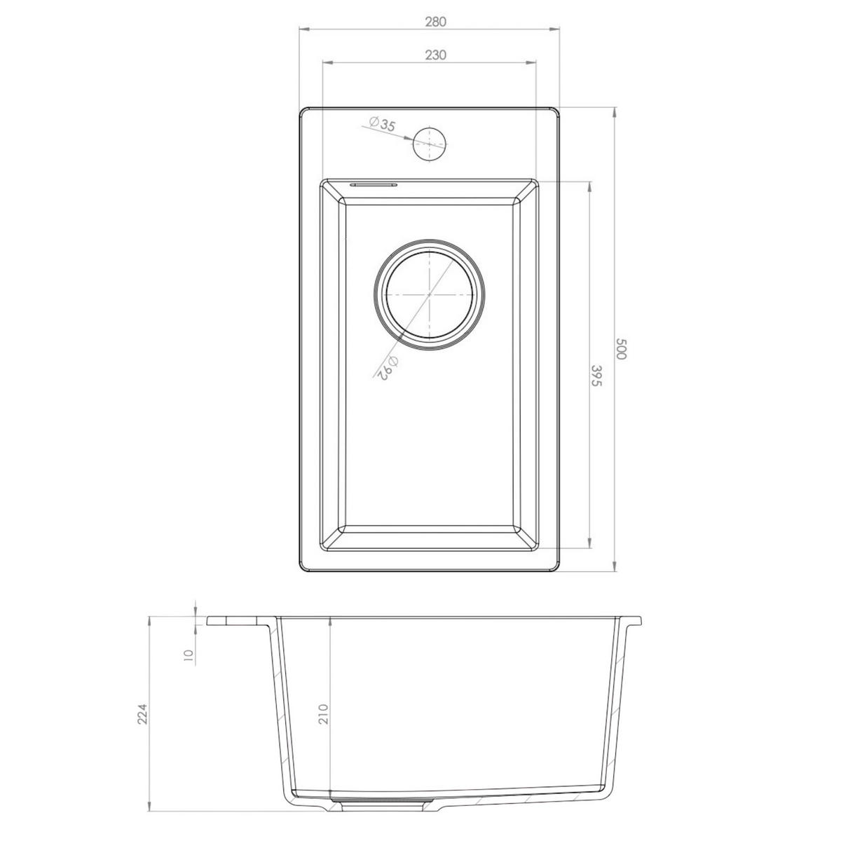 SPÜLBECKEN Solo 5-tlg. Granit Schwarz Matt 280/500 mm - Schwarz, Stein (28/21/28cm) - Granitan