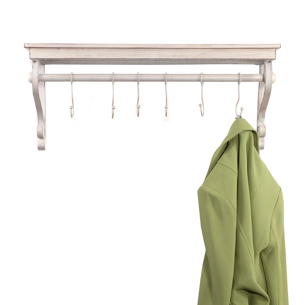 WANDGARDEROBE LILY 6 Haken, Hutablage antik-weiß - Weiß, Holz (61/25/26cm) - DESIGN DELIGHTS