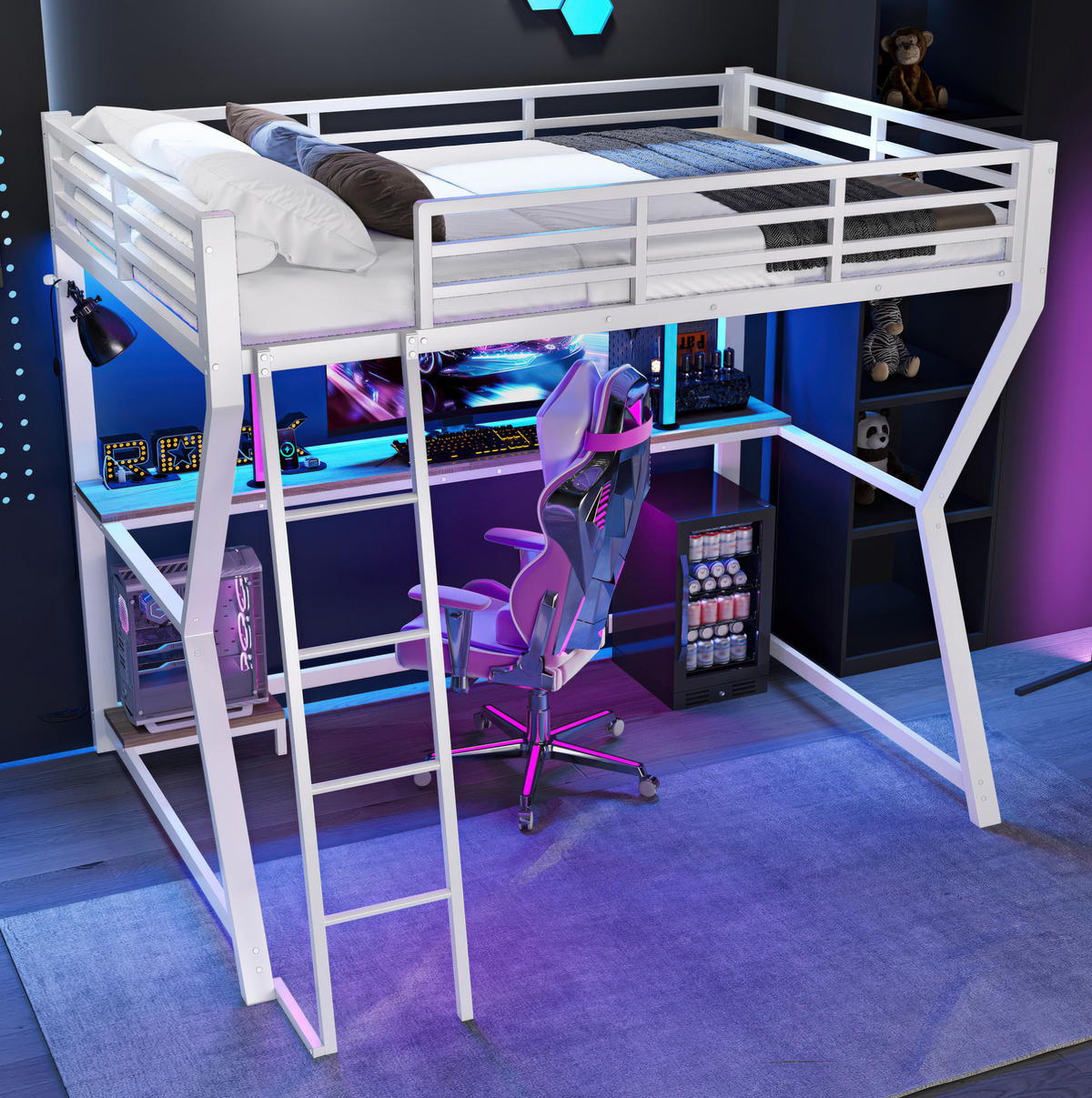 HOCHBETT 90/200 cm in Weiß mit LED-Beleuchtung, Schreibtisch und USB - Weiß, Metall (90/200cm) - Flora Grace