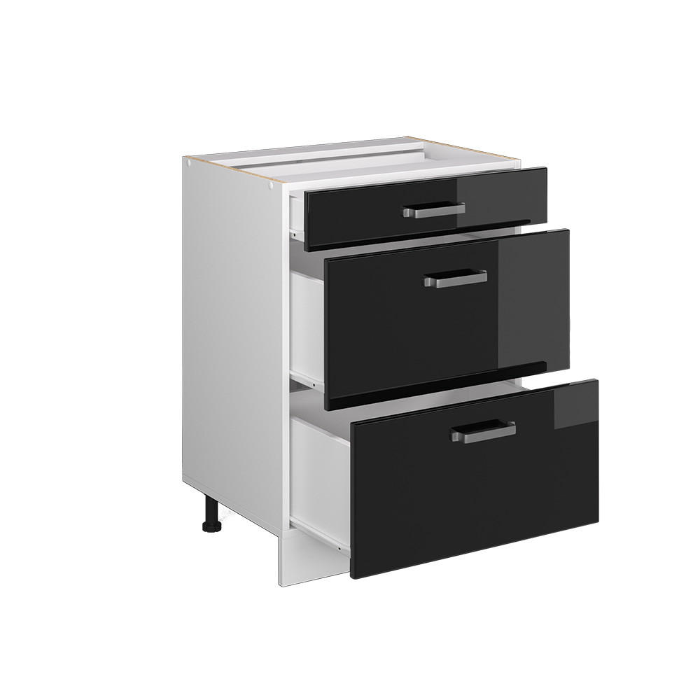 KÜCHENUNTERSCHRANK R-Line Schwarz Hochglanz 60 cm mit Schubladen ohne AP - Schwarz Hochglanz/Schwarz, Holzwerkstoff (60/81.6/46cm) - Vicco