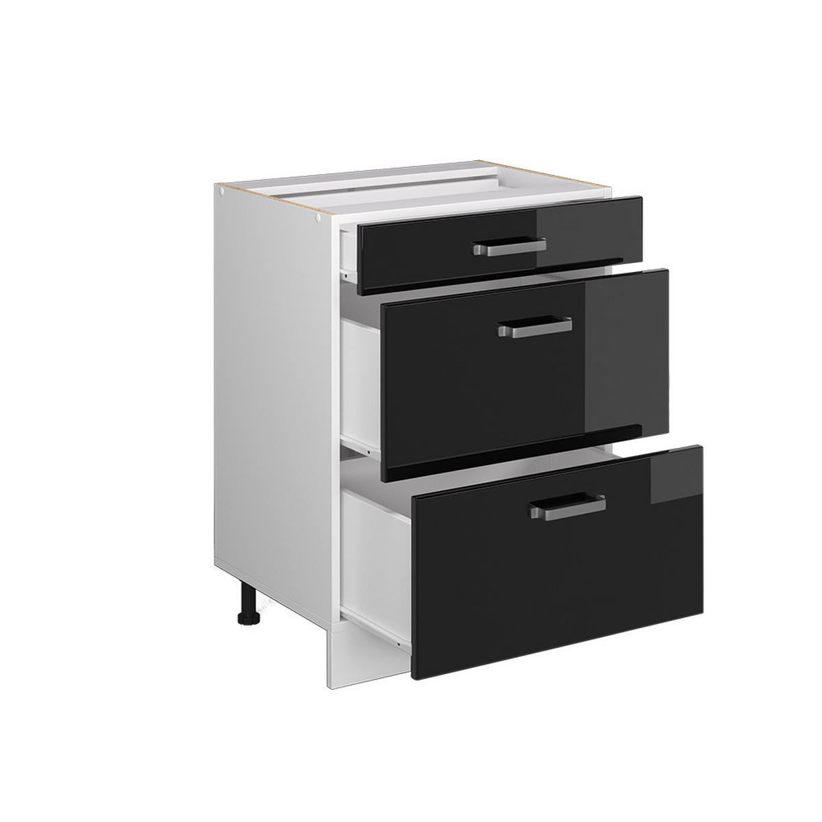 KÜCHENUNTERSCHRANK R-Line Schwarz Hochglanz 60 cm mit Schubladen AP Eiche - Schwarz Hochglanz/Schwarz, Holzwerkstoff (60/81.6/60cm) - Vicco