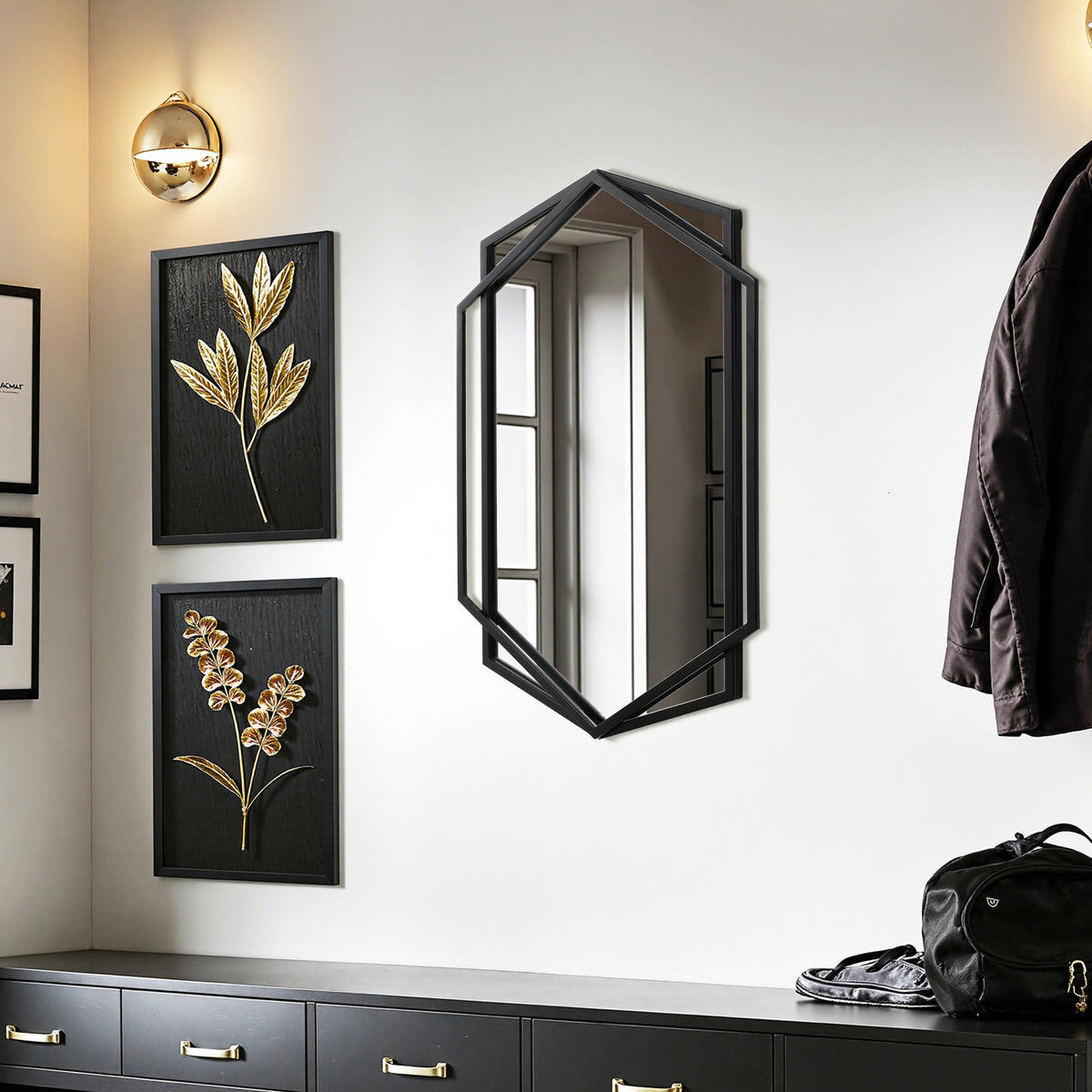 HEXAGON Wandspiegel Schwarz 71x50cm - Schwarz, Glas (3/71/48.5cm) - Hometopia