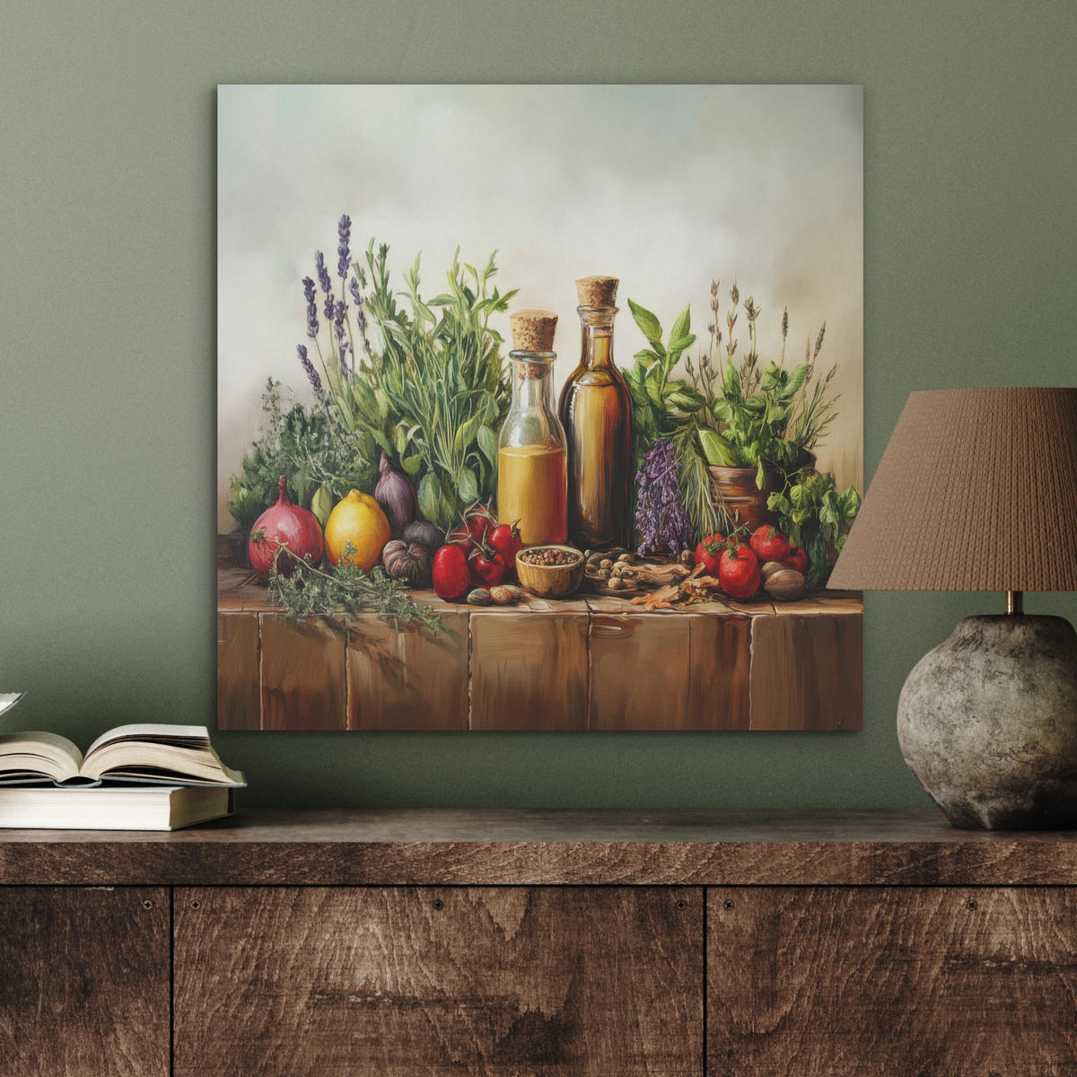 AKUSTIKBILD Stilleben - Kräuter - Gewürze - Früchte - Farbenfroh Wandbilder 60x60 cm - Grün, Kunststoff (60/60/0.9cm) - MuchoWow