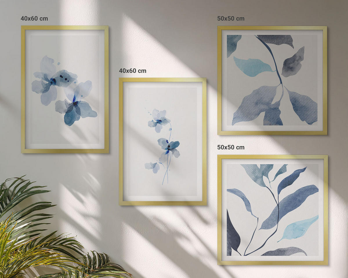 WANDBILDER 4er Set - 50x50 cm & 40x60 cm Goldrahmen - Minimalistische blaue Blumen - Goldfarben, Kunststoff (50/50cm) - ArtPrintCave