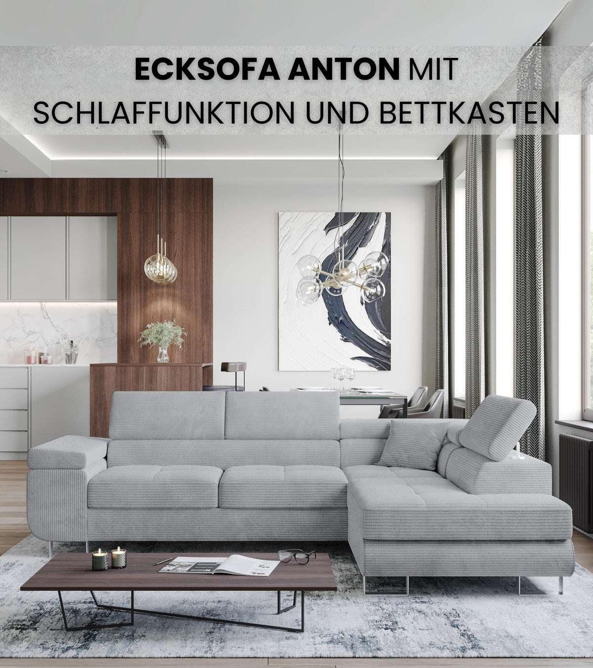 ECKSOFA Anton mit Schlaffunktion Grau Cord - Silberfarben/Hellgrau, Textil/Metall (142/275cm) - Bromarkt
