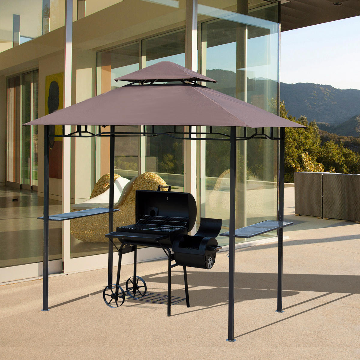 GRILLPAVILLON Stahl+Eisen Kaffeebraun - Dunkelbraun/Schwarz, Kunststoff/Metall (148/252/245cm) - Outsunny