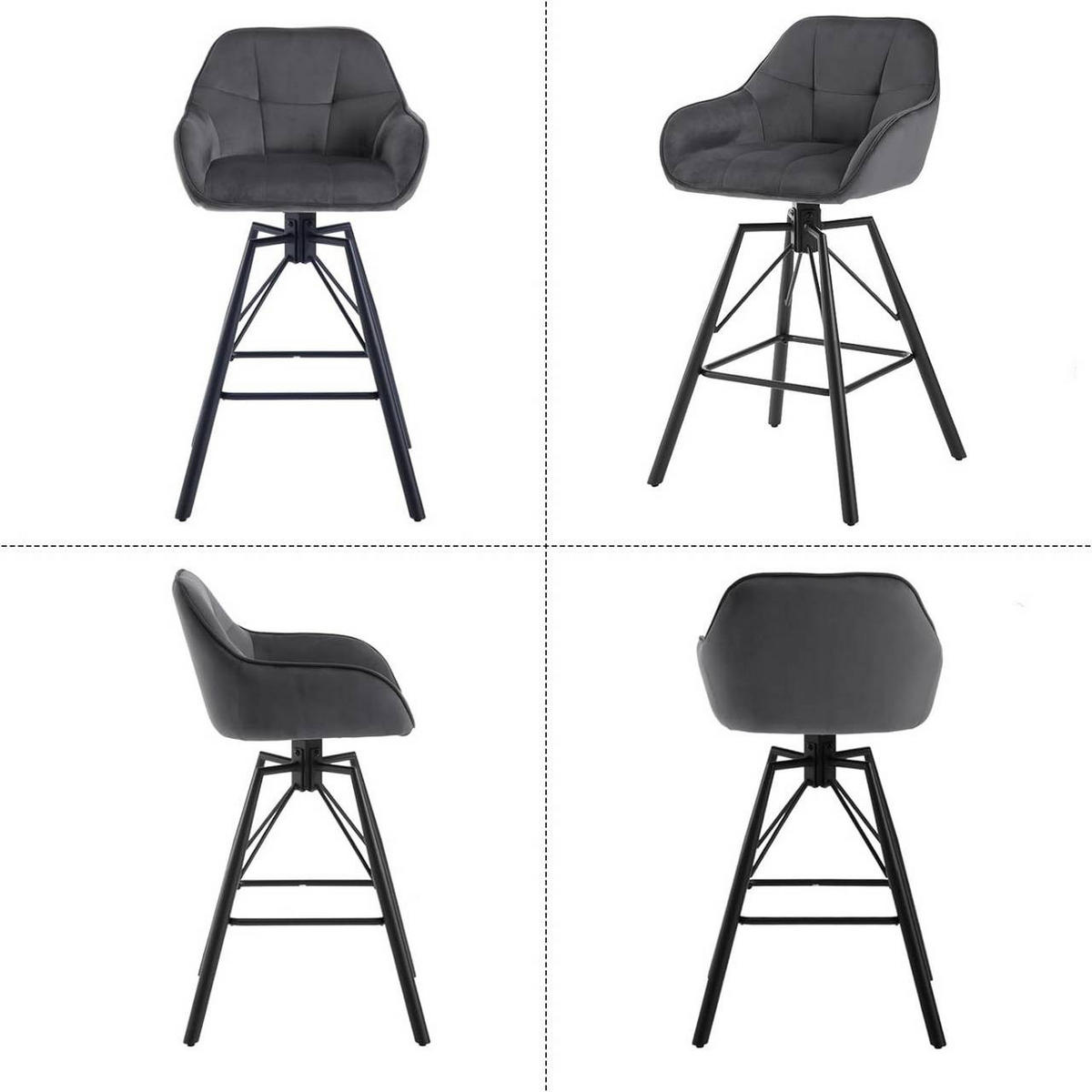 BARHOCKER 4er Set, Samt, Metall, Dunkelgrau - Dunkelgrau/Schwarz, Textil/Metall (51/94.5/53cm) - Woltu