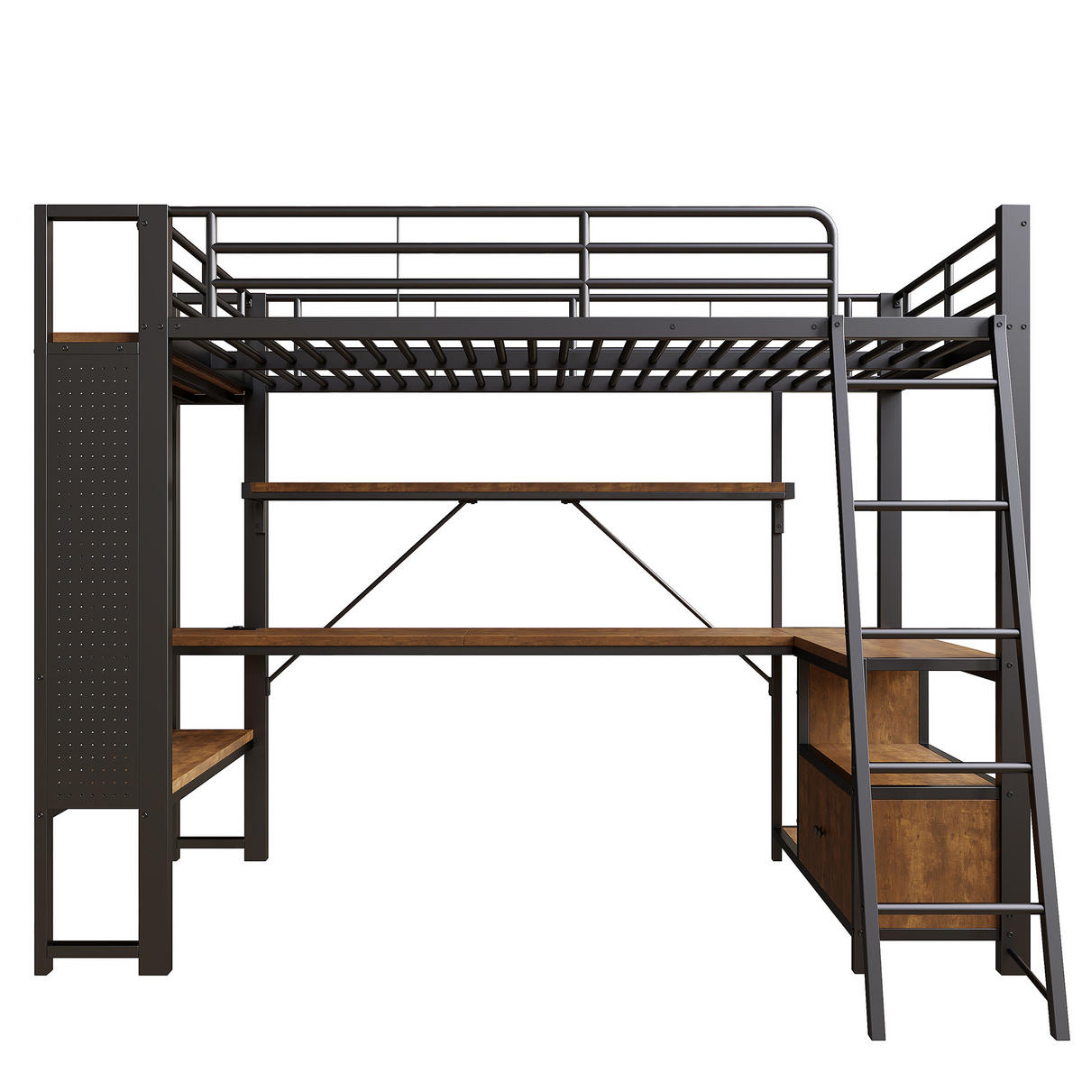 HOCHBETT 90/200 cm in Schwarz mit Schreibtisch, Regalen, Lochwand, LED und USB im modernen Design - Schwarz, Holzwerkstoff/Metall (90/200cm) - STILVORA