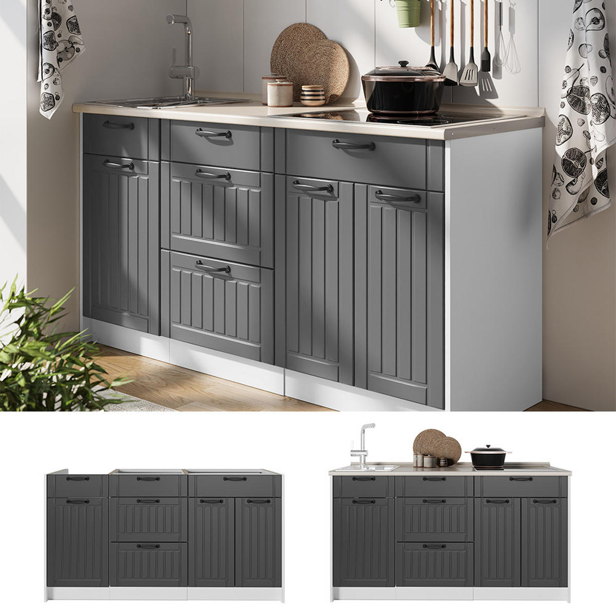 KUCHYNSKÝ BLOK Fame-Line, Tmavo-sivá/biely, 150 cm, AP Oak - biela/tmavosivá, kompozitné drevo (150/82/60cm) - Vicco