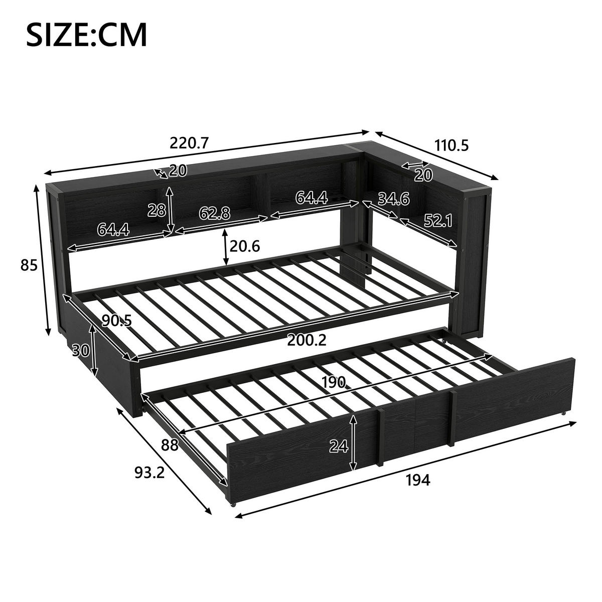 AUSZIEHBETT 90/200 cm DE-03418, mit Stauschränken, LED und USB, in Schwarz - Schwarz, Holzwerkstoff/Metall (90/200cm) - ComfortXL