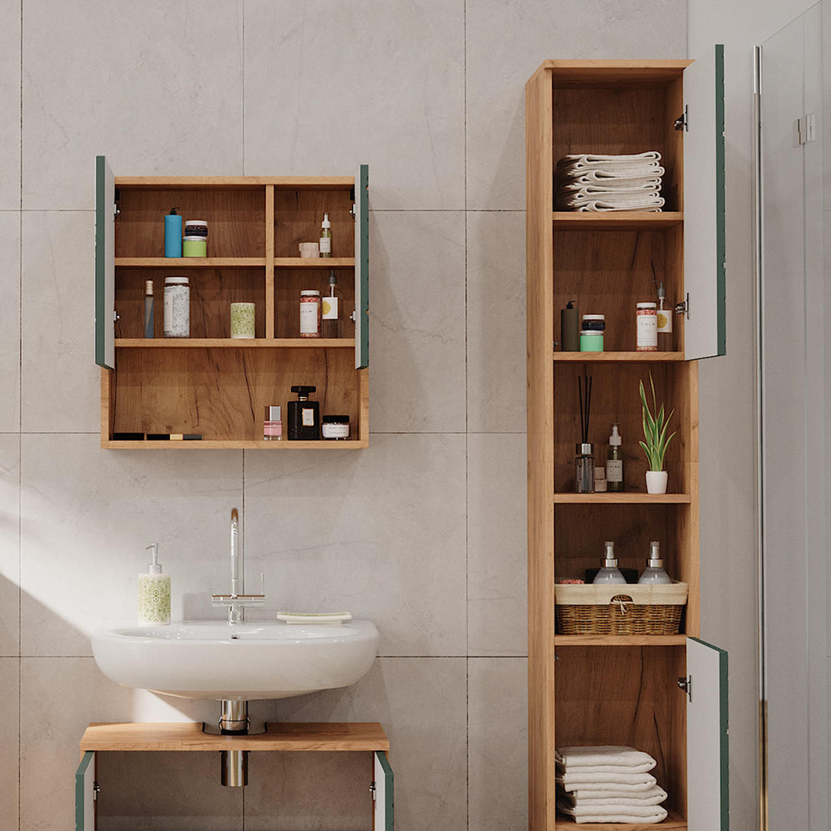 BADSCHRANK Irma Goldkraft Eiche 30 x 192 cm - Grün, Holzwerkstoff (30/192/30cm) - Vicco