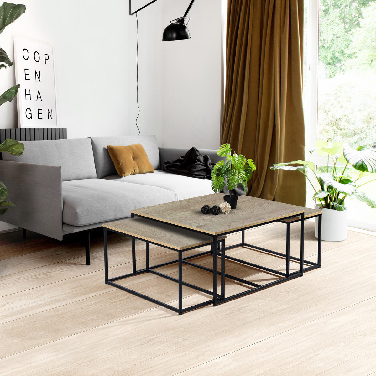 SATZTISCH 3er-Set modern industriell - Eichefarben/Schwarz, Holz/Metall (80/80/45cm) - Urban Meuble