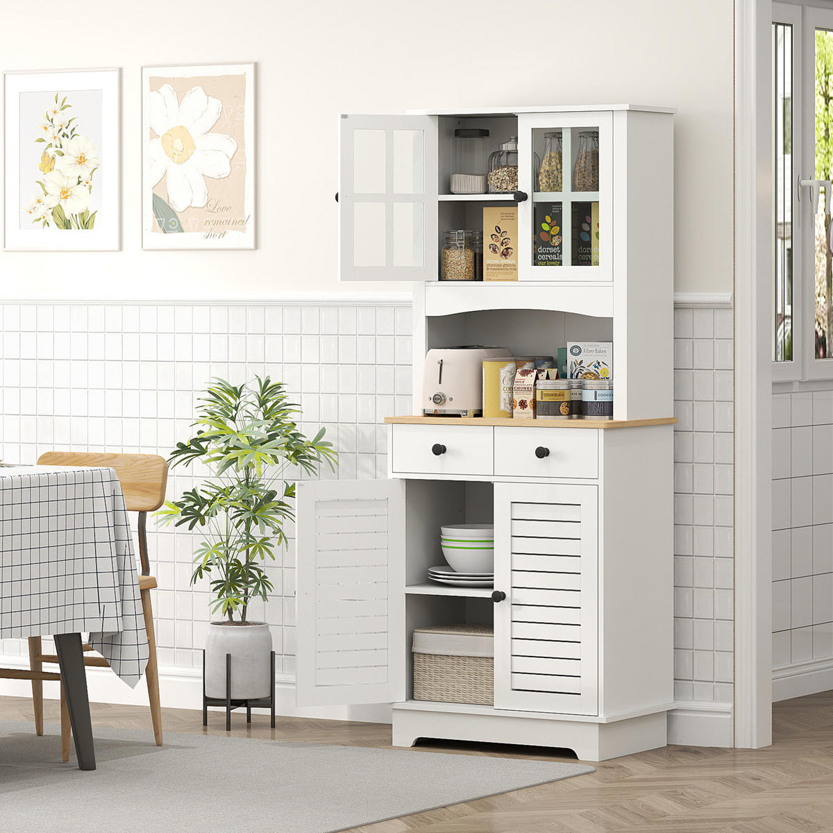 KÜCHENSCHRANK, Hochschrank mit Schränken, Küchenbuffet mit verstellbaren Ablagen - Schwarz/Weiß, Holzwerkstoff/Metall (39.5/170/68cm) - HOMCOM