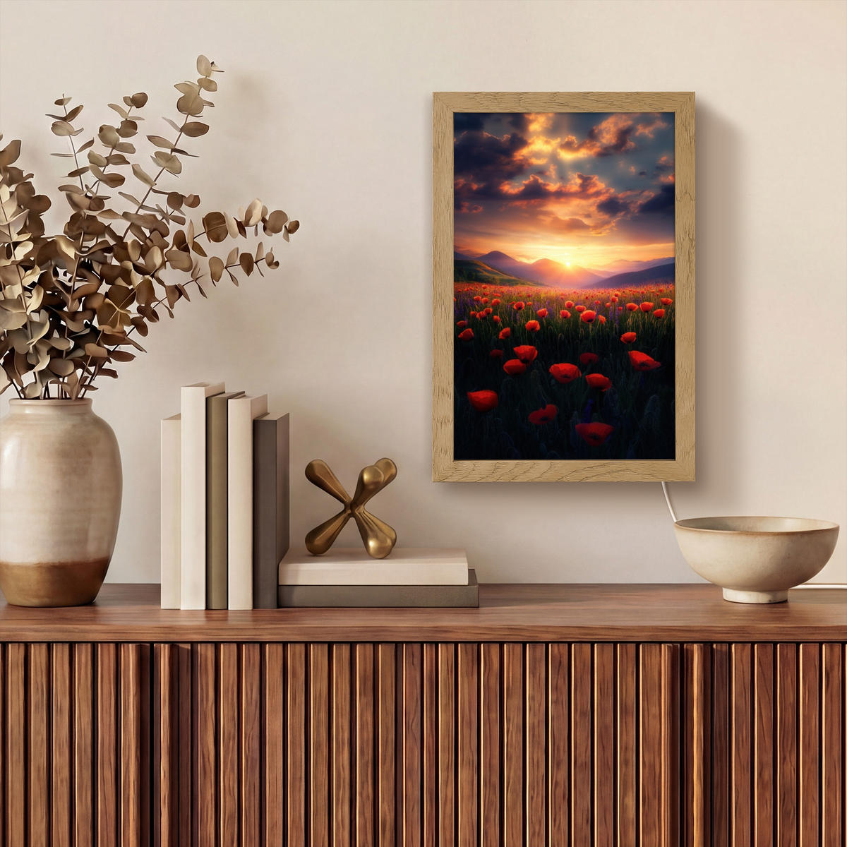 WANDLEUCHTE Landschaft - Sonnenuntergang - Blumenfeld 20x30 cm - Rot, Holzwerkstoff (20/30/8cm) - OnlyWow