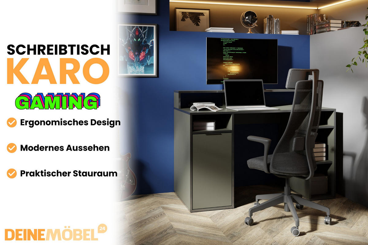 GAMINGTISCH KARO 125 cm breit in Graphit - Graphitfarben, Holzwerkstoff (55/125/89cm) - Deine Möbel 24