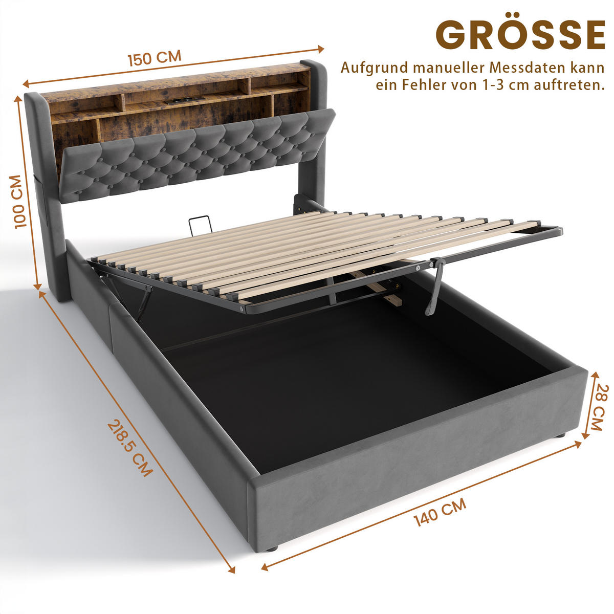 POLSTERBETT 140/200 cm in Grau, mit Bettkasten, LED und USB, ohne Matratze - Grau, Holzwerkstoff/Textil (140/200cm) - WISHDOR