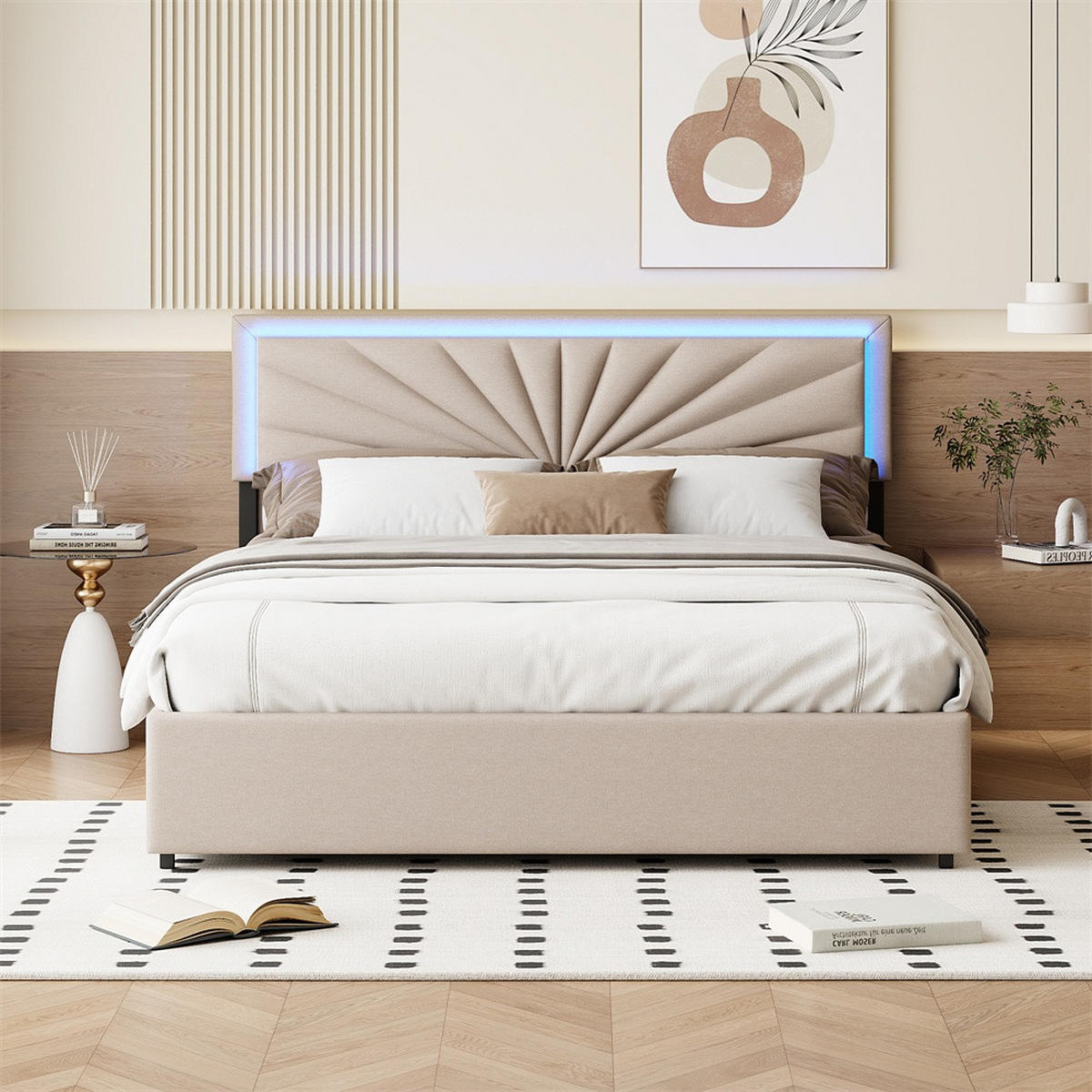 POLSTERBETT 160x200 cm - mit LED-Kopfteilbeleuchtung und 4 ausziehbaren schubladen - ohne Matratze - Beige - Beige, Textil (160/200cm) - DELFA