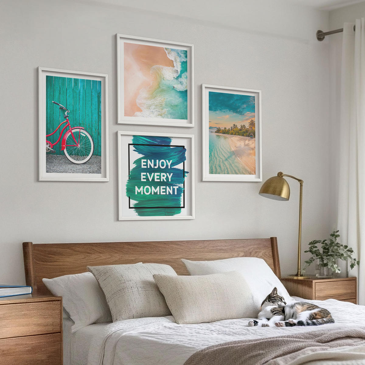 BILDER SET 4er Set - 50x50 cm & 40x60 cm Weißer Rahmen - Inspiration für ein Fahrrad mit Seeboot - Weiß, Kunststoff (50/50cm) - TULUP