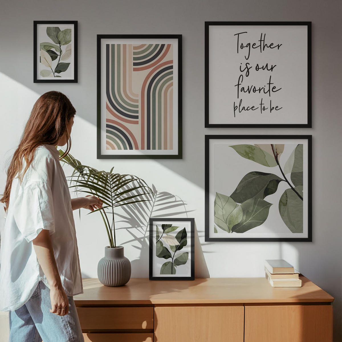 WANDBILDER 5er-Set - 50x50 cm & 20x30 cm & 40x60 cm Schwarzer Rahmen - Geometrische Pflanzenmotive - Schwarz, Kunststoff (40/60cm) - ArtPrintCave